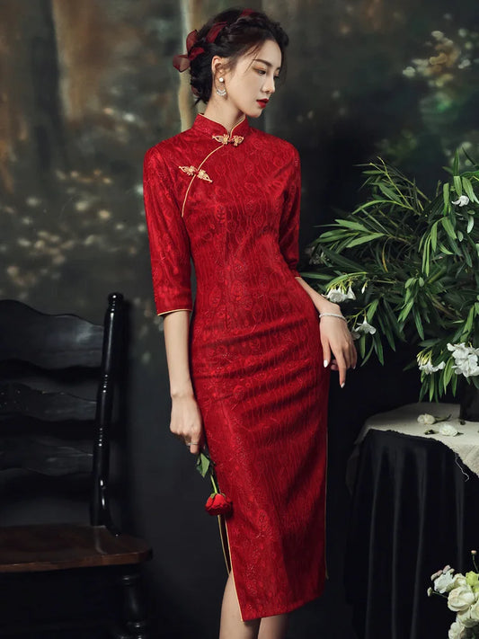 Chinese Style Long Dress Red  Slim Cheongsam Qipao Dress Wedding Party Hanfu Summer Lace - Seprincess