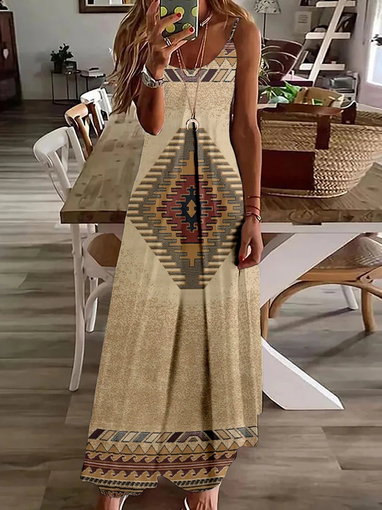 Summer Casual Everyday Women's Halter Dress Vintage Ethnic Print Dress Street Fashion Sleeveless Dress Holiday Party Long Dress - Seprincess