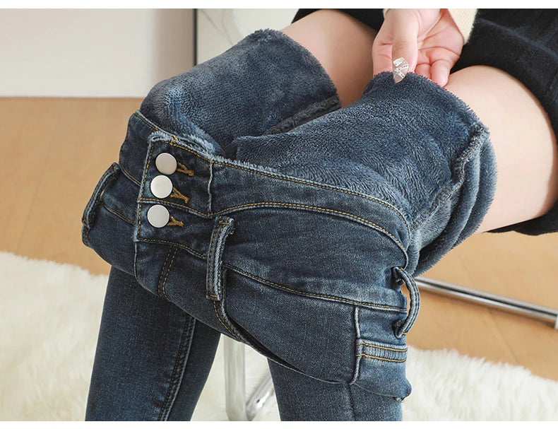 Black Fleece Warm Women Winter Jeans Thickened High Waist Multi-button Skinny Stretch Denim Pants Fashion Korean Female Trousers