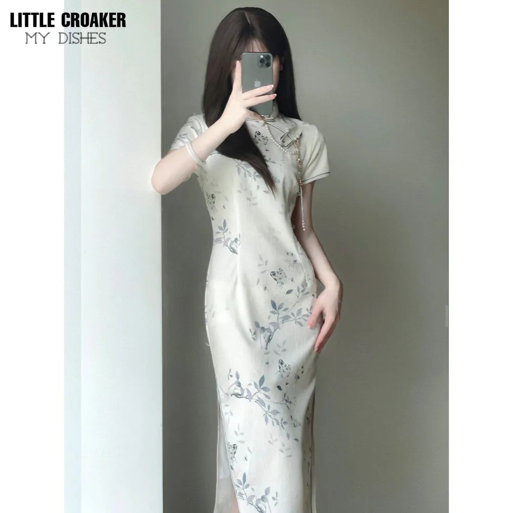 Women White Chiffon Embroidered Inverted Long Sleeve Qipao 2023 Summer New Cheongsam Chinese Style Girl Wen Wan Lady Dress - Seprincess