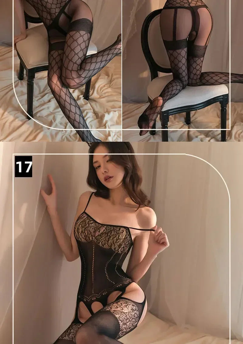 Sexy Lingerie Fishnet Bodysuit Hollow Out Erotic Teddies Open Crotch Mesh Body Stockings Porno Underwear Costumes for Women Lady