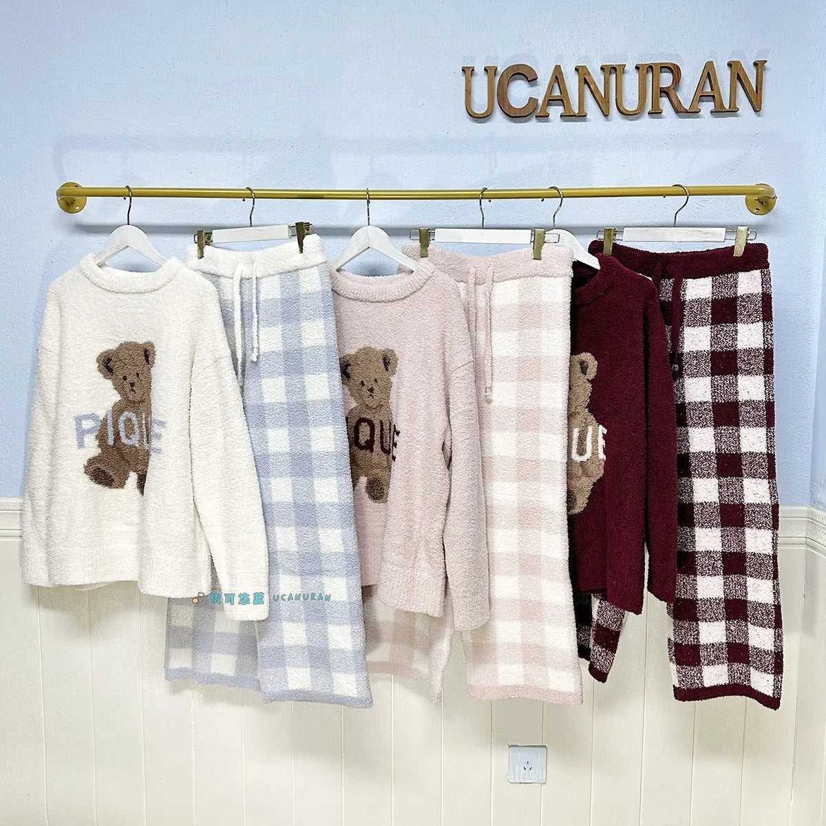 Japan Style Original New Year Teddy Bear Plaid Winter Thick Pajamas Knitted Sweaters Gown Wine Sleepwear Loungewear - Seprincess