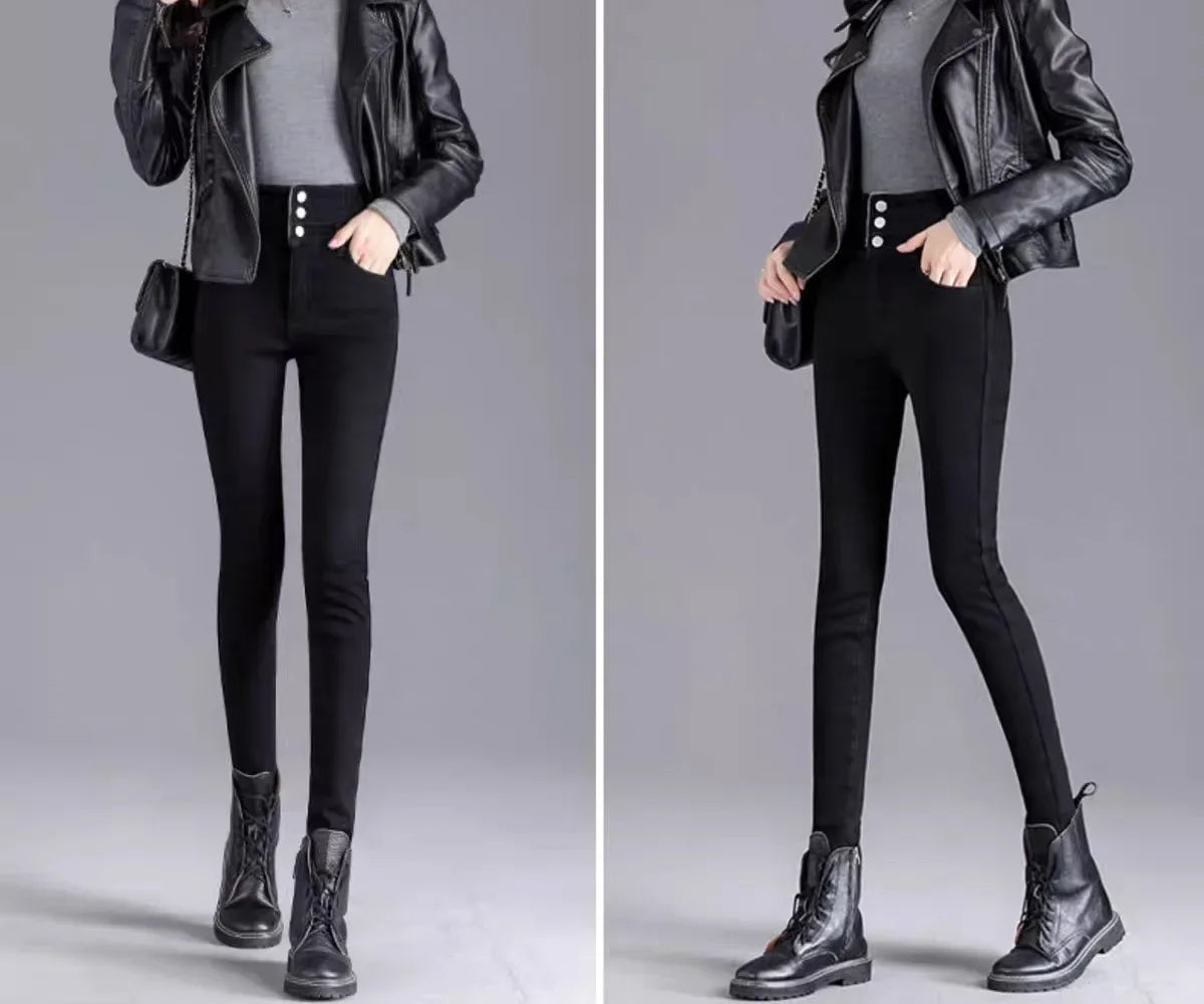 2024 Autumn/Winter New Solid Color Slim Fit Women's Jeans High Waist Buttoned Wool Lined And Thickened Pencil Leggings