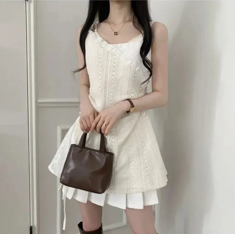 Summer Dress Women Chic French Lace Stitching Sling Shirt Stacked Gauze Knitted Dress Overskirt Inner Wear Base Short Dress - Seprincess