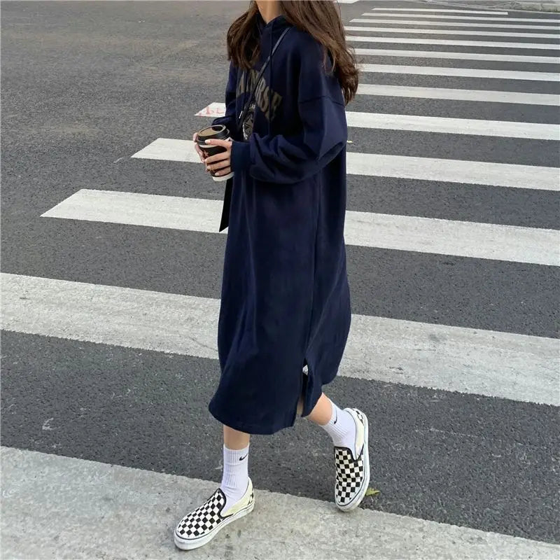 Autumn Winter Women Fleece Thicken Hooded Dress Print Letter Drawstring Korean Fashion Loose Midi Side Slit Oversized Dresses