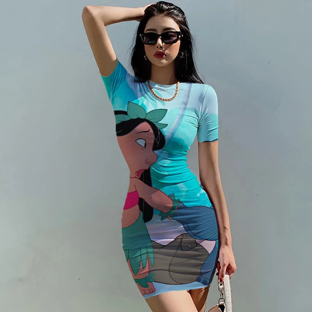 Elegant Dresses for Women 2024 Top Sexy Slim Fit Tight Women's Dress Casual Disney Stitch  Cartoon Fashion Print Mickey S-5XL - Seprincess