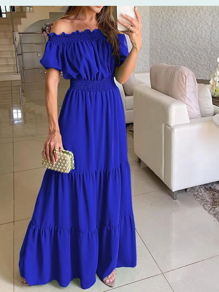 2024 Summer Solid Boho Dress Women Fashion Elegant Beach Party Dress Casual Slash Neck Office Maxi Dresses For Woman Robe Femme - Seprincess