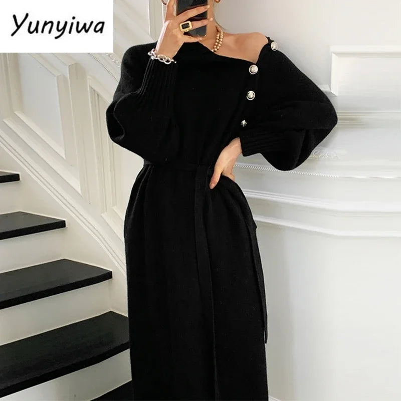 Winter Turtleneck Buttons Women Knitted Dress Elegant Full Sleeve Lace-up Female Thicken Long Dress for Sweater Autumn New - Seprincess