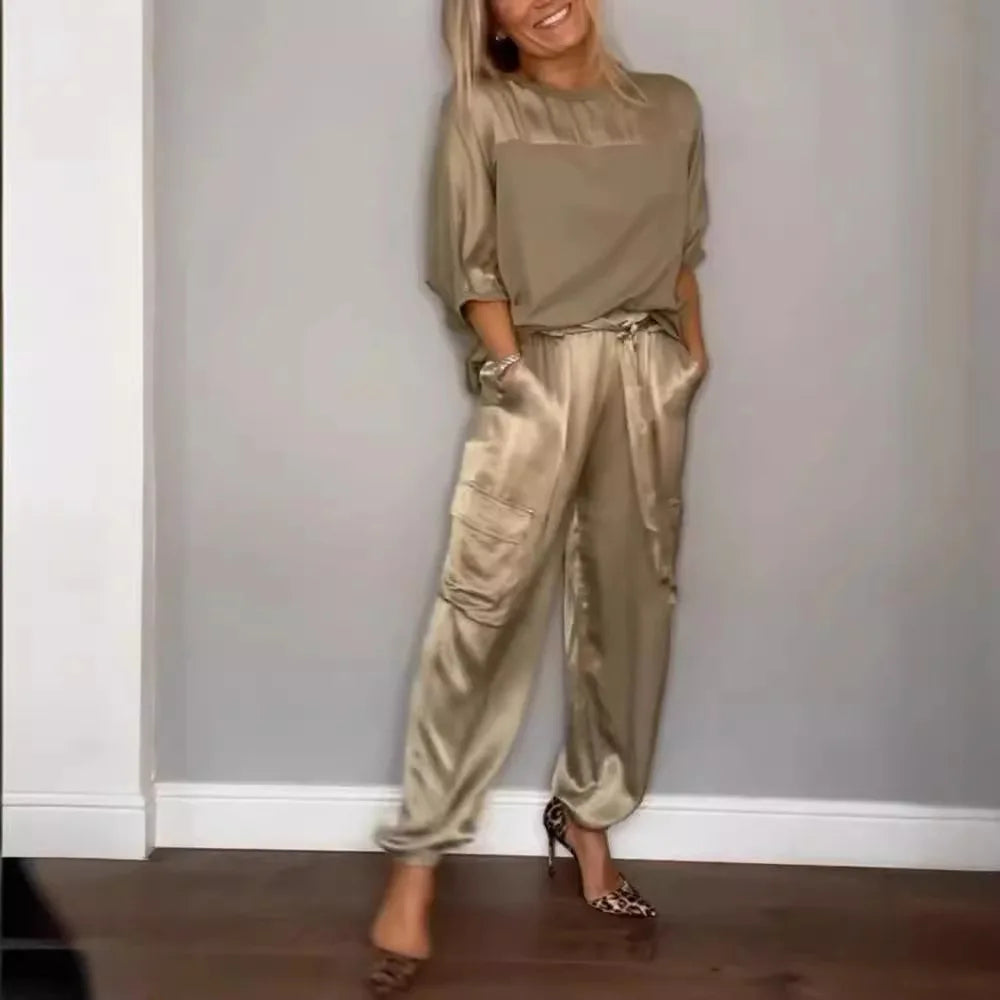 Casual Satin Shirt Pant Sets Women Fashion Pure Color Pocket Pant 2 Piece Sets Women Outfit Summer Loose Shirts Suit Ladies - Seprincess