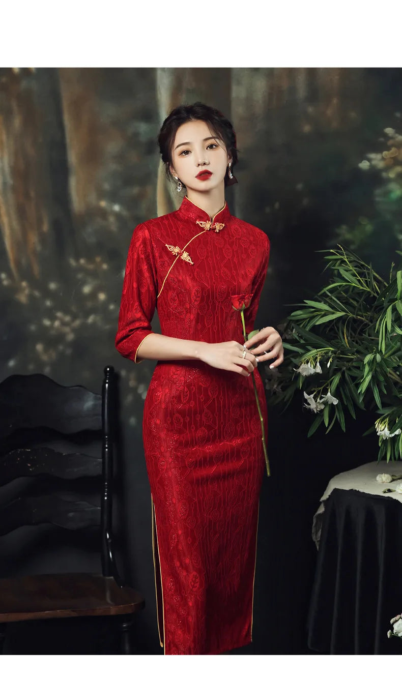 Chinese Style Long Dress Red  Slim Cheongsam Qipao Dress Wedding Party Hanfu Summer Lace - Seprincess