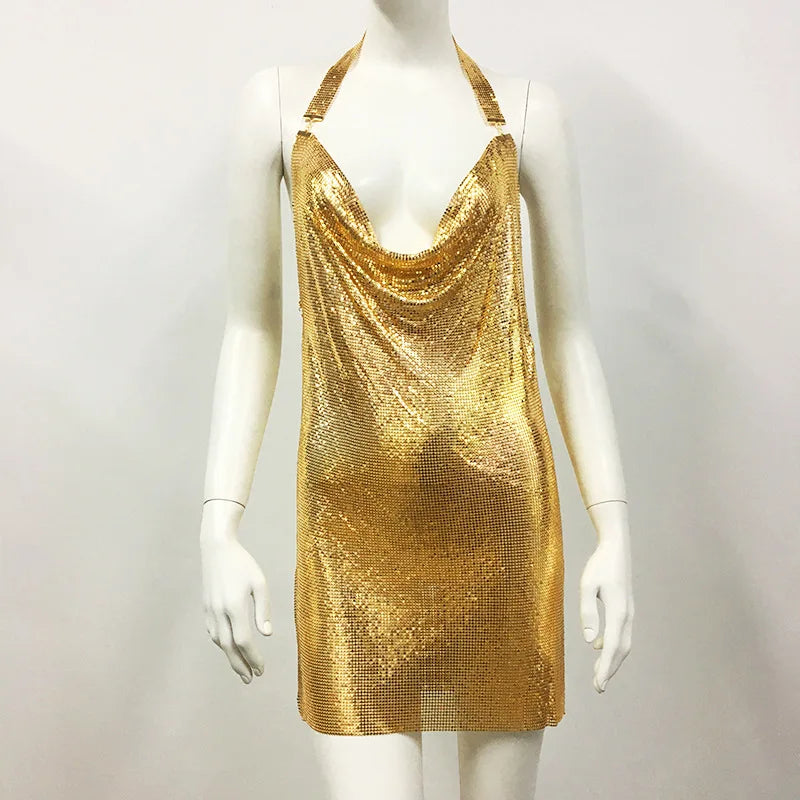 AKYZO-Women's Sleeveless Halter Backless Mini Dress Gold Sequins Diamonds Sexy Night Party Dress Clubwear V-Neck - Seprincess