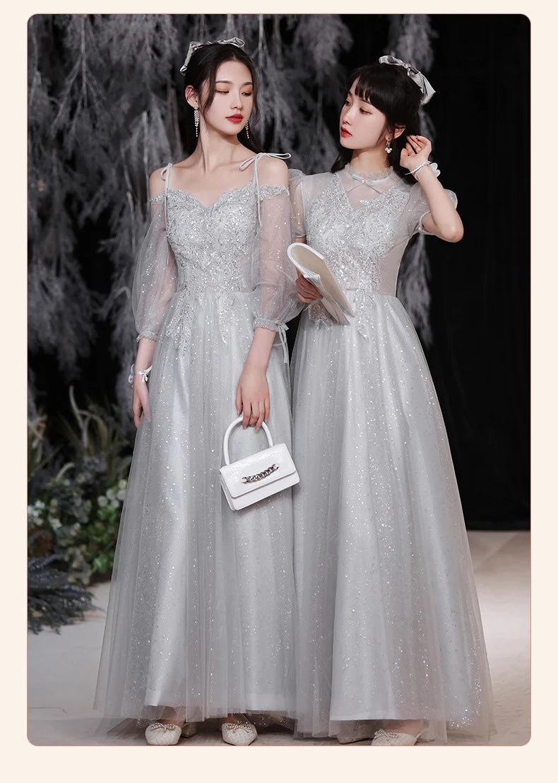 Temperament grey bridesmaid dress 4 Styles Applique Sisters Group Graduation Evening Dresses Simple Wedding Female Guest Dress