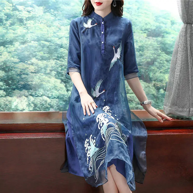 Chinese traditional chiffon cheongsam vestidso vintage embroidery evening party dress oriental loose half sleeve qiapo dress - Seprincess