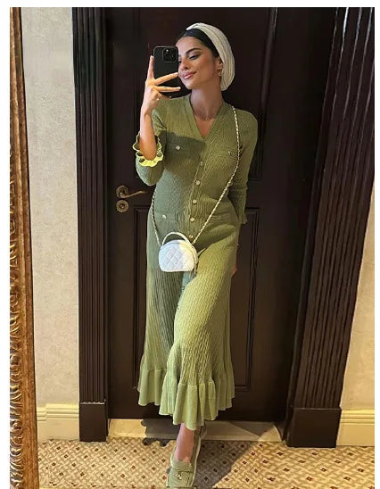 Green Women Single Breasted Knitted Dress Pleated V-Neck Ruffles Edge Ladies Fashion Long Robe Autumn and Winter - Seprincess