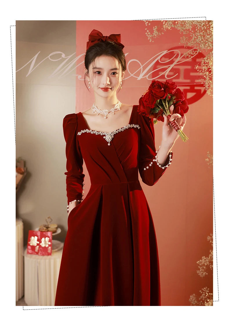 Burgundy Velvet Prom Dresses Square Collar Long Sleeve Pearl Crystal Long Engagement Dress Plus Size Female Formale Gowns - Seprincess