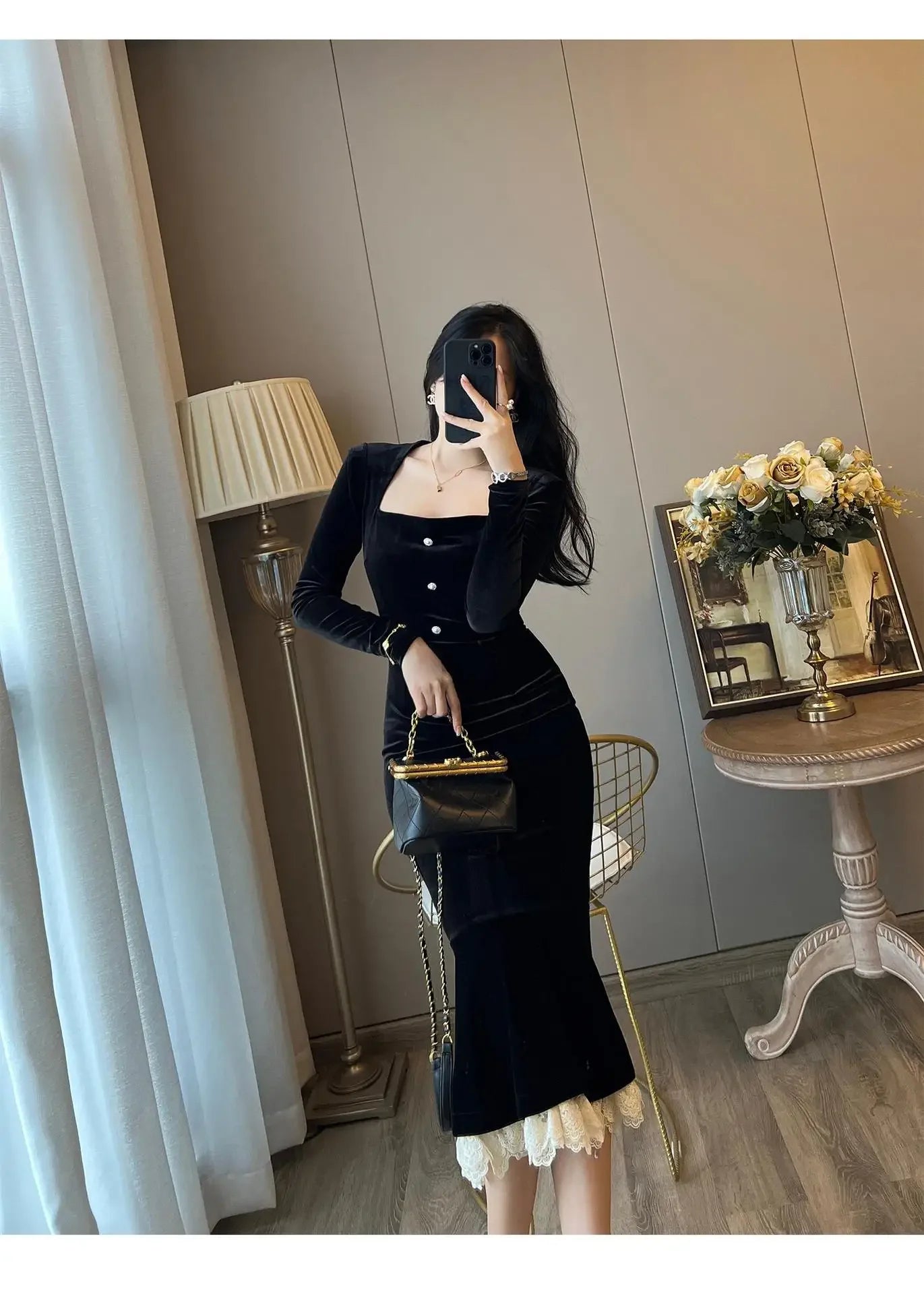 Elegant French Haban Style Fish Tail Skirt Spring Autumn Soft High Class Square Collar Long Sleeve Black Velvet Long Dress - Seprincess