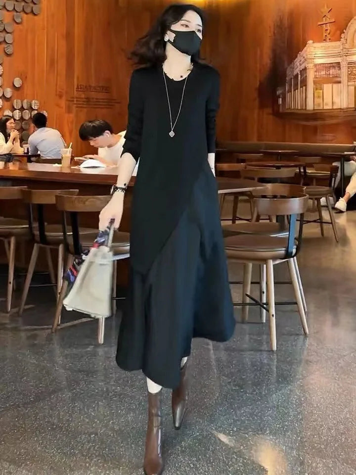 Women's Lyrical Party Dresses Long Sleeve Fake Two Piece Dress Round Neck Pure Black Skinny Casual Business Office Streetwear - Seprincess