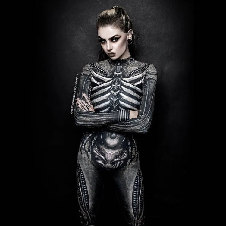 Women Clothing Long Sleeve 3D Printed Halloween Carnival Horror Human Skeleton Cosplay Costumes Tight Jumpsuit Zentai Bodysuit - Seprincess