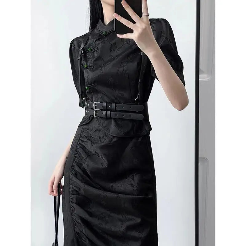 New Chinese Style Qipao Suit Sexy Black Jacquard Chinese Dress Improved Cheongsams Women Summer Dress Gothic Dark Vestidos - Seprincess