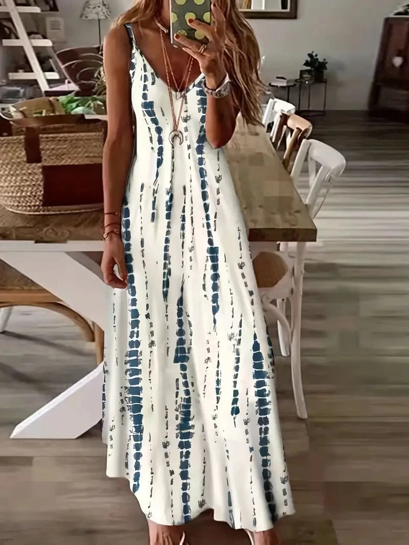 Women's Casual Loose V-neck Tie Dye Printed Spaghetti Maxi Dress Summer Beach Vacation Long Dress - Seprincess