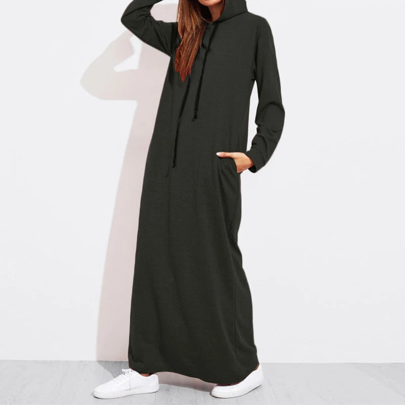 Celmia 2024 Autumn Women Hooded Maxi Dress Casual Solid Long Sleeve Pockets Party Hoodies Dress Long Vestido Robe Drawstring