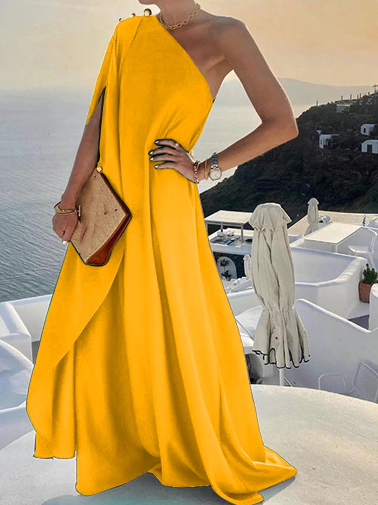 2024 Elegant Off Shoulder Shawl Sleeve Party Evening Dress Beautiful Draped Full Length Dress Women Solid Silk Satin Dresses - Seprincess