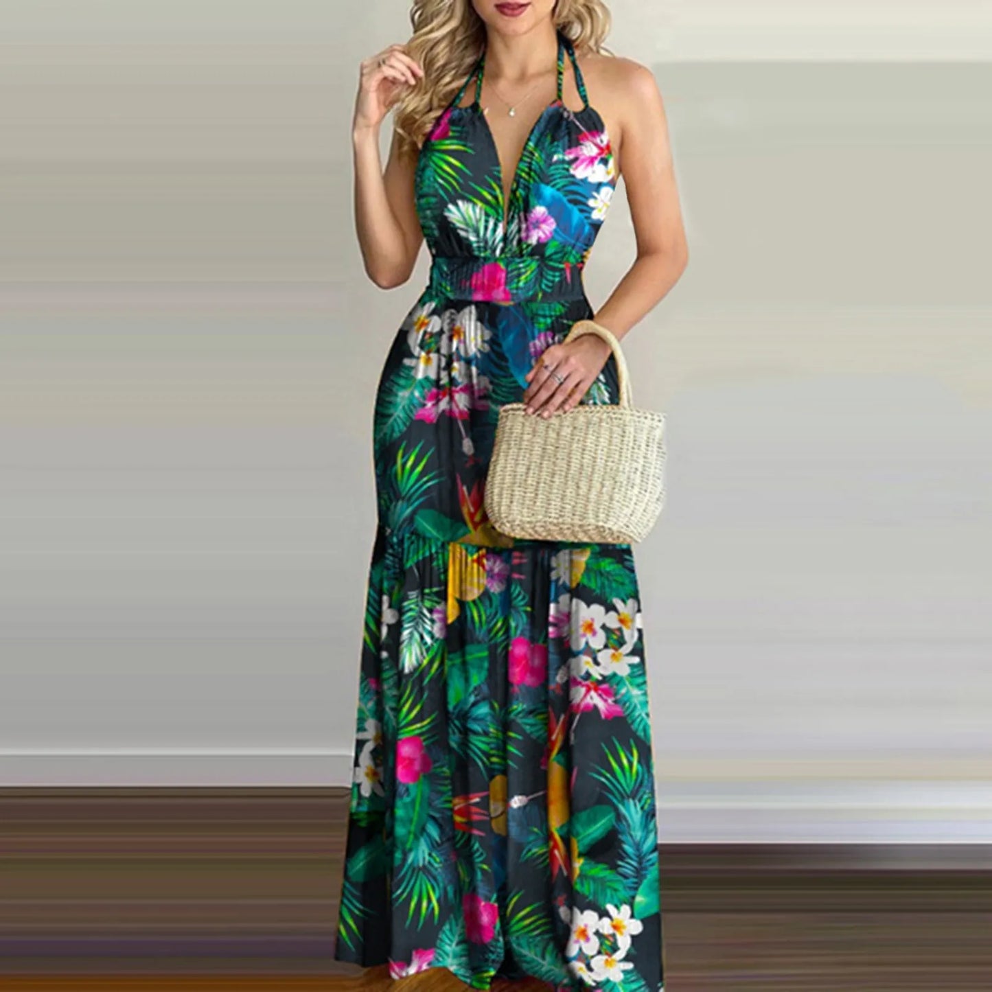 Summer Boho Dress Y2k Cloth Women Floral Print Backless Maxi Dress Elastic Waist Halter V Neck Long Robe Long Dresses Vacation - Seprincess