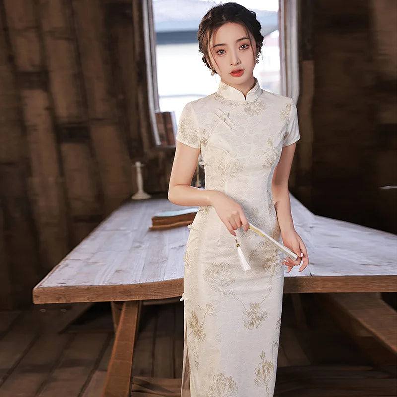 2023 White Lace Cheongsam Women Short Sleeve Traditional Vintage Dress Show Costumes Slim Embroidery Qipao Robe Chinoise Femme - Seprincess