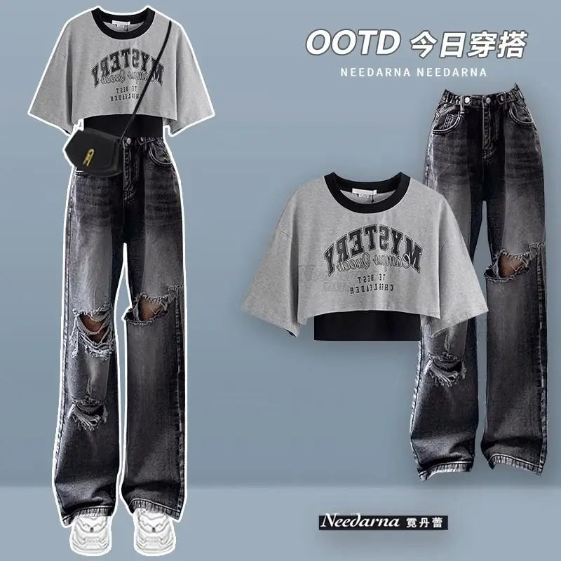 Spring/Summer Sweet Cool Set for Female Students Korean Fashion T-shirt+Personalized Ripped Jeans Two-piece Set - Seprincess