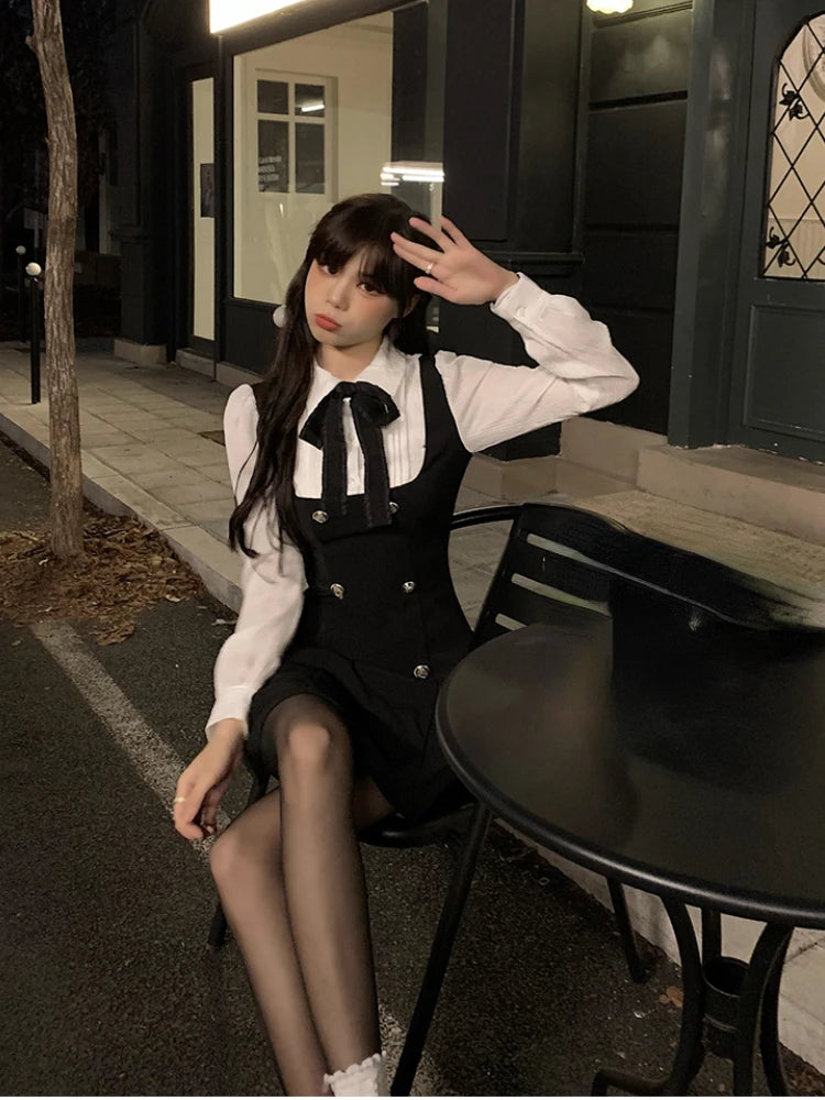 2022 Autumn Fake Two Dress Women Slim Chic Long Sleeve Bow Casual Y2k Mini Dress Female Korean Fashion Elegant Short Party Dress - Seprincess