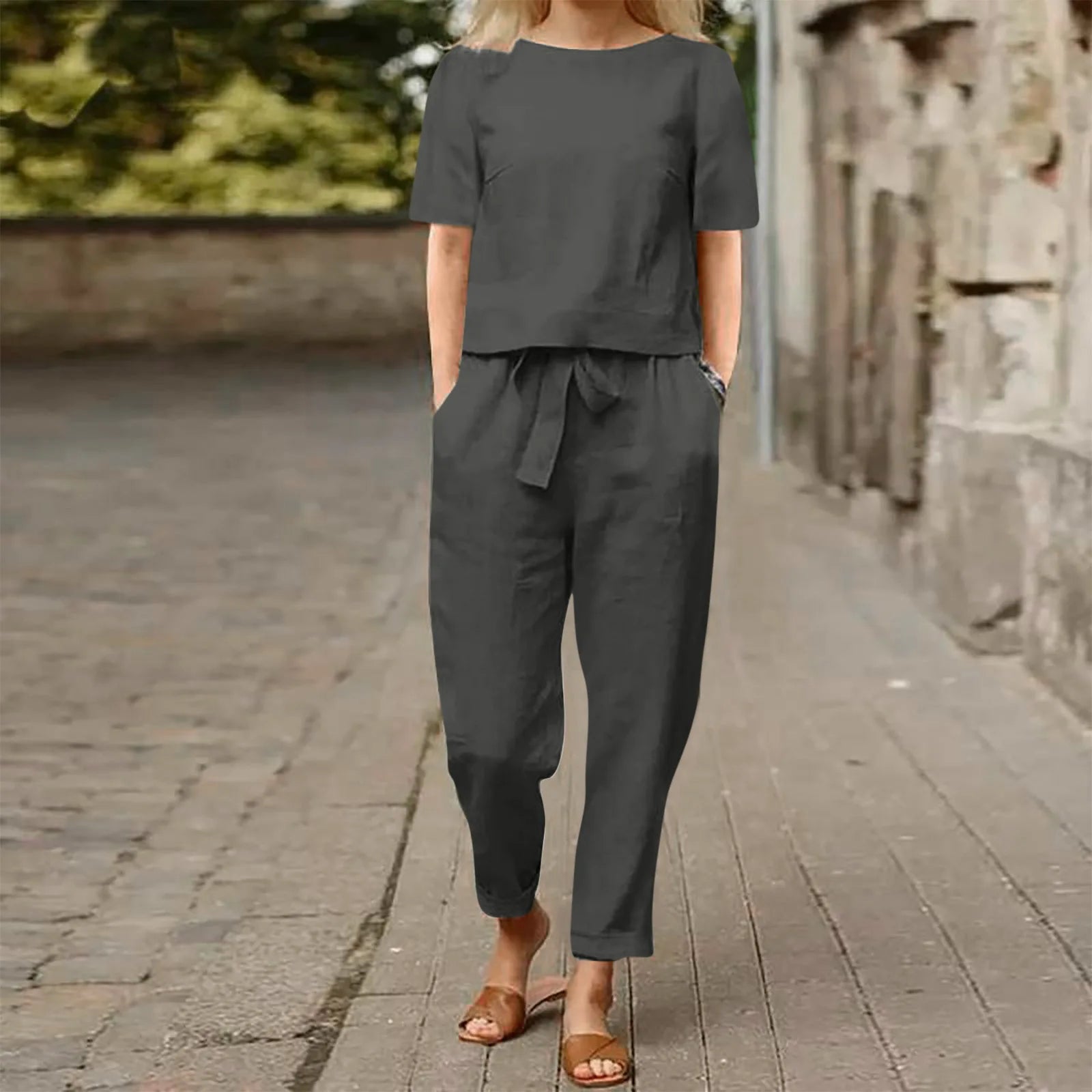 Women's Pullover Shirt And Pants Two-piece Set 2024 Women's Cotton And Linen Summer Suit Short Sleeved O-neck Outfit Pants - Seprincess