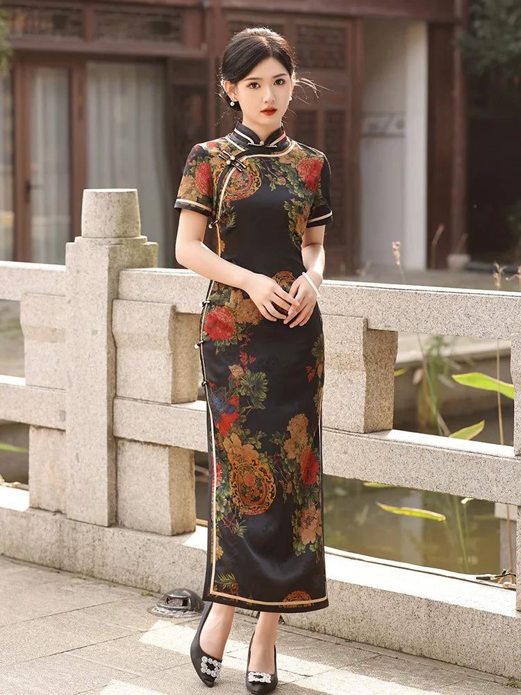 2024 New Women Vintage Dress Cheongsam Handmade Button Floral Dresses Chinese Style Summer Autumn Long Qipao M To 4XL - Seprincess