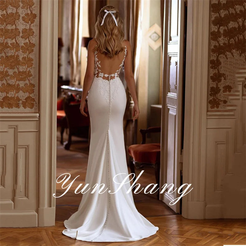 Yunshang Elegant Mermaid Wedding Dresses Women Open Back V-Neck Lace Spaghetti Straps Bridal Gown Sweep Train Vestidos De Novia - Seprincess