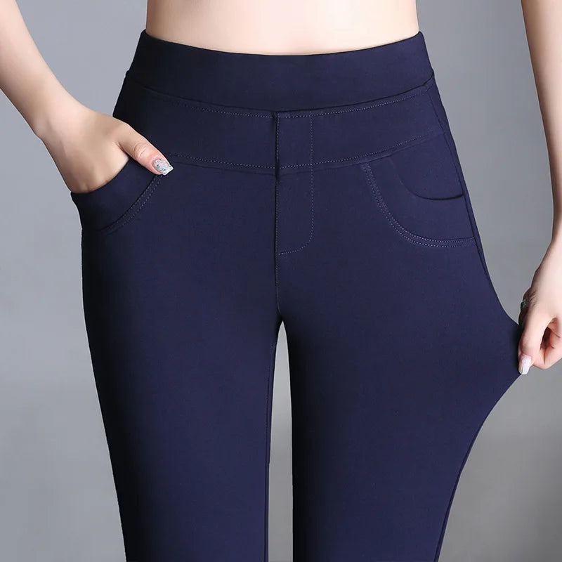 New Women's Autumn Spring Tight Flare Pants Red High Waist  Blue Elastic Band Trousers Fashion Casual Stretch Pants 6XL