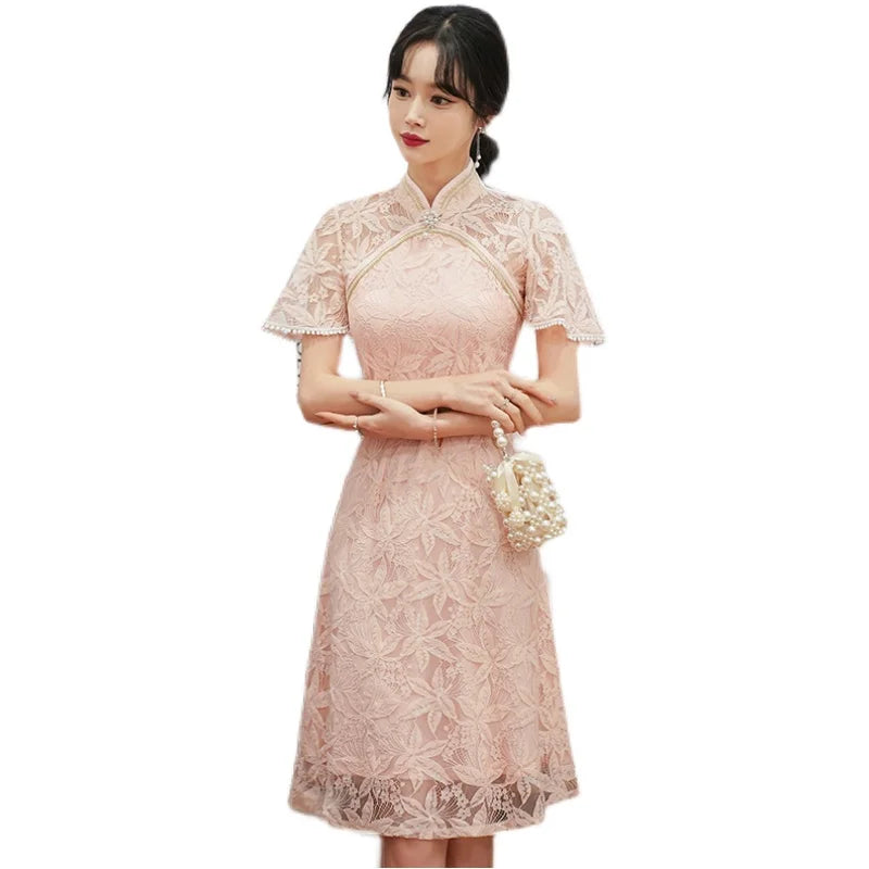 Chinese Traditiona Vintage Lace Improved Cheongsam Summer Short Sleeve Qipao Dress Modern Women Clothes - Seprincess