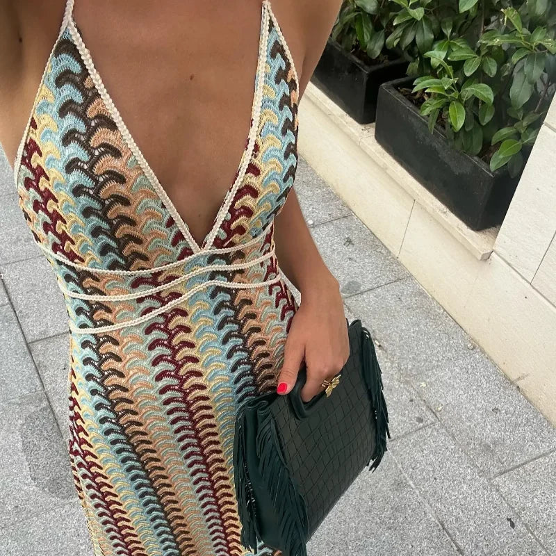 Sexy Contrast Striped Knit Halter Dress Women Fashion Loose Backless Maxi Dresses Summer Chic Female Beach Party Vestidos - Seprincess