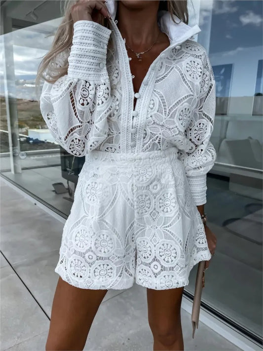 Elegant Lace 2 Piece Sets Women Outfit Summer Autumn Long Sleeve Shirts & Casual  Shorts Set Office Holiday Outfits Beach Wear - Seprincess