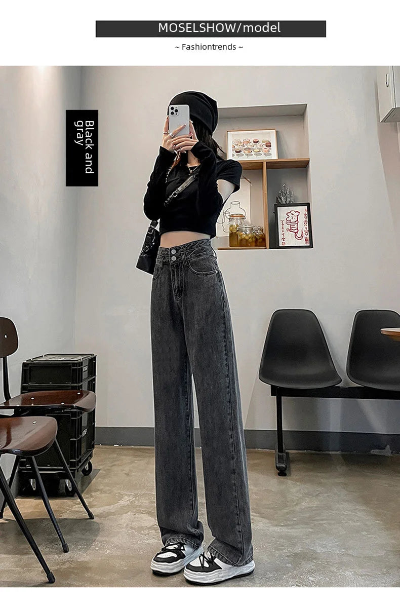 Niche High-waist Double-button Slimming Women's Jeans Charcoal Grey Loose-fit Versatile Petite Length Denim Trousers