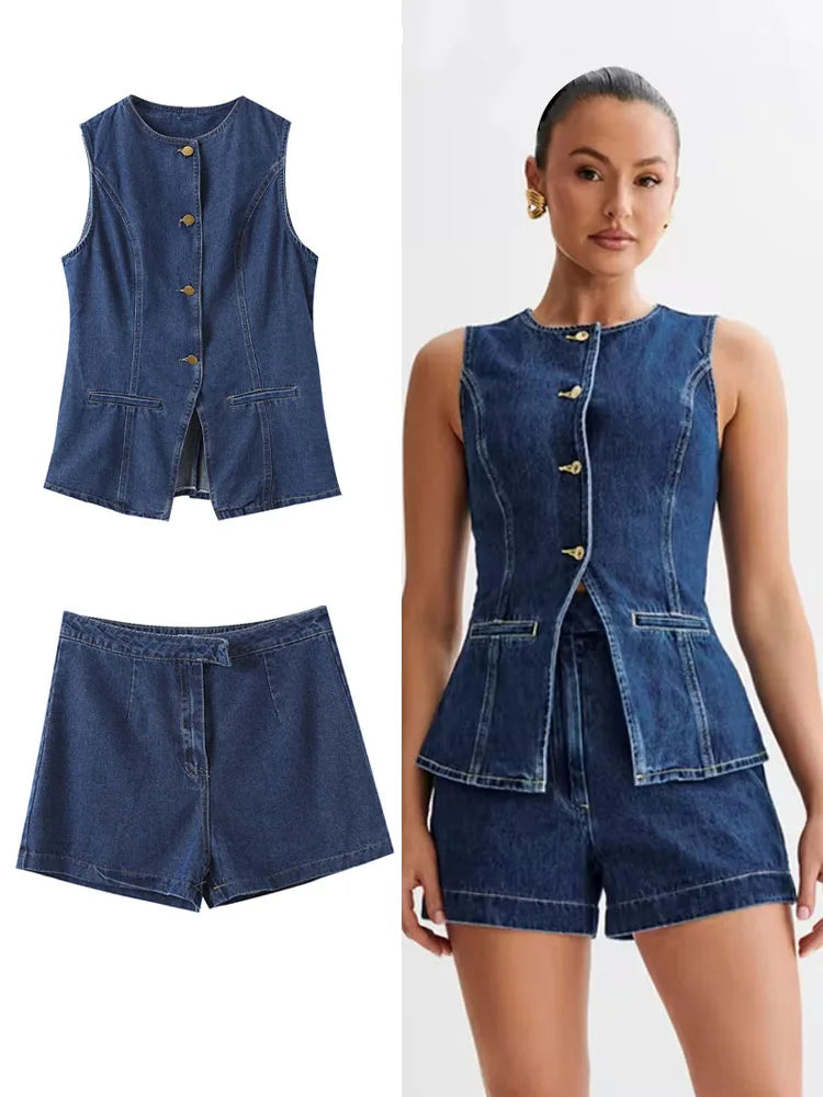 Casual Denim Shorts Sets for Women Sleeveless Single Breasted Split Top Vest High Waist Wide Leg Shorts Suit Female Lady Set - Seprincess