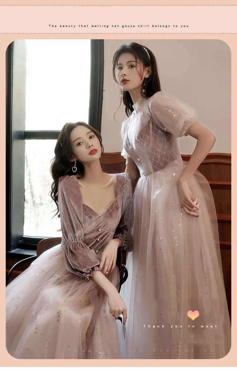 2022 New 4 Styles Bridesmaid Dress Bow Retro Elegant Long-sleeved Chic Temperament Long Evening Dress For Wedding Women Guest - Seprincess