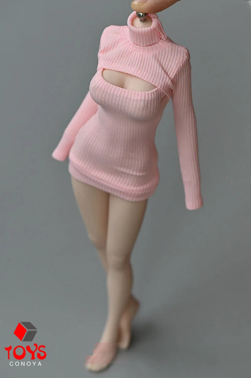 1/6 Scale Female Sweater Slim Elastic High Neck Knit Pullover Sexy Open Chest Tops Mini Sweater Dress for 12" Action Figure - Seprincess