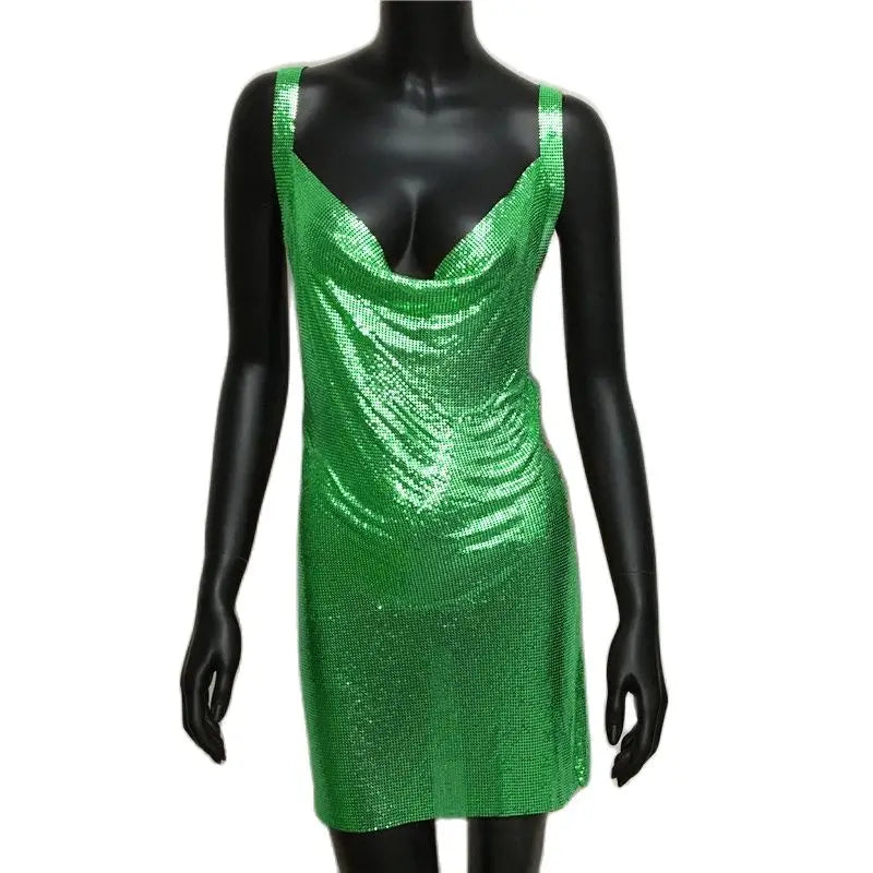 Sexy Metallic Sequin Mini Dress For Women Backless Cocktail Club Glitter Low Cut Halter Dress Rave Party Nightclub Dresses - Seprincess