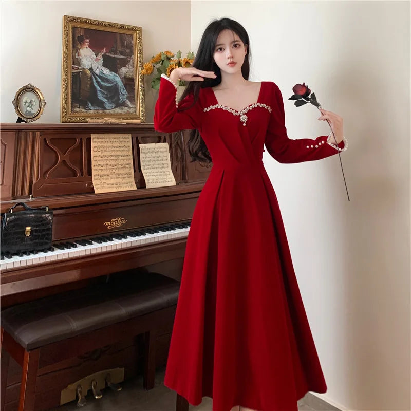 Burgundy Velvet Prom Dresses Square Collar Long Sleeve Pearl Crystal Long Engagement Dress Plus Size Female Formale Gowns - Seprincess