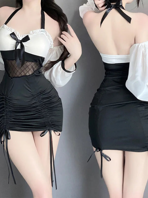 Sexy Female Secretary Chest Wrapping Drawstring Perspective Gauze Black White Splicing Puff Sleeve Bag Buttocks Dress Elegant NT - Seprincess