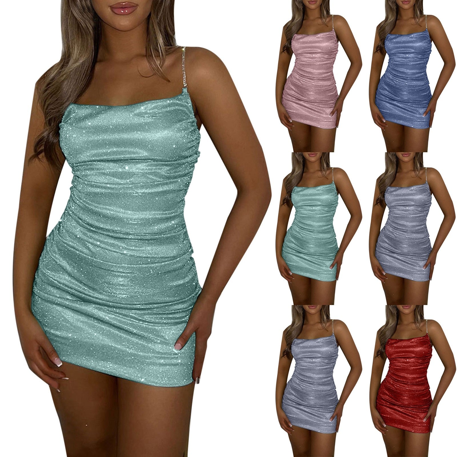 Sexy Spaghetti Strap Short Dress Women Night Club Party Glitter Outfits Bodycon Ruched Backless Dresses Y2K Vestidos - Seprincess