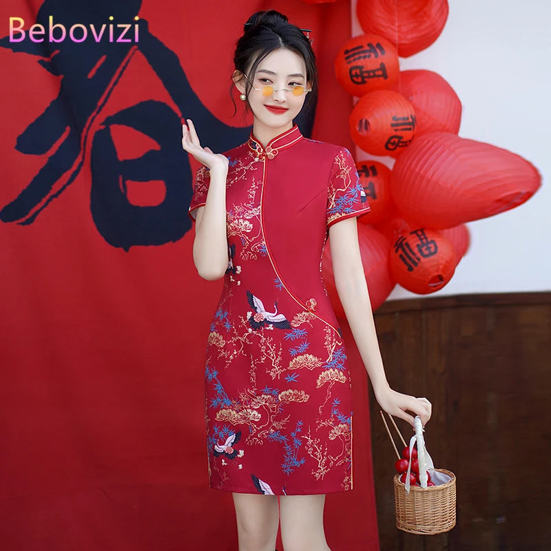 Red Chinese Style Modern Cheongsam Summer New Improved Stitching Short Women's Qipao Dress - Seprincess