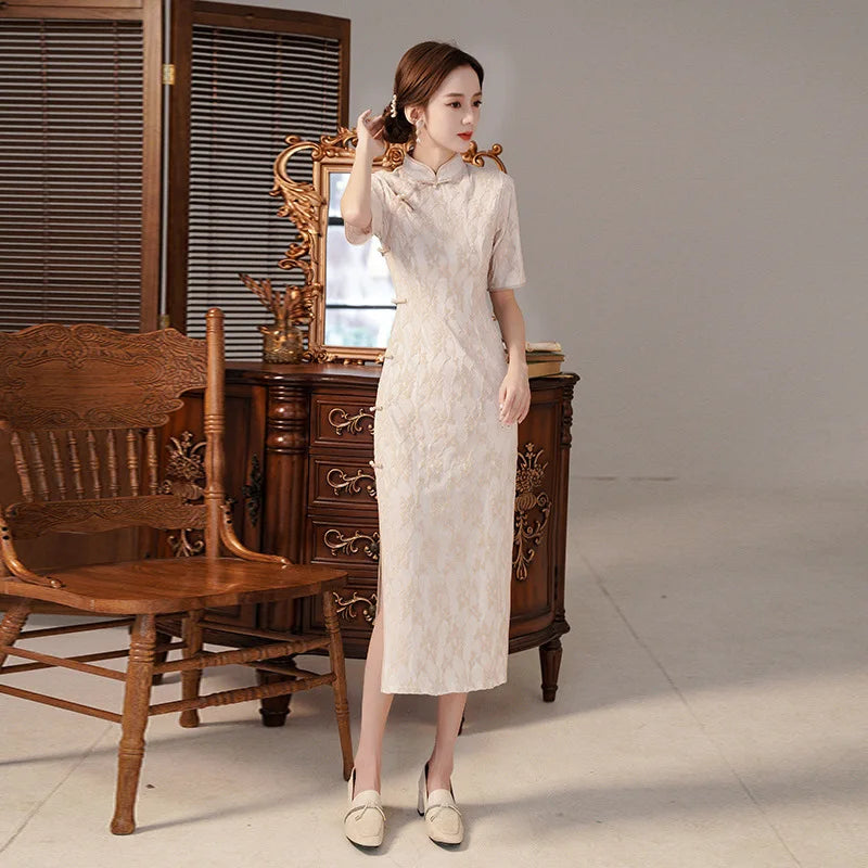 Classic Elegant White Female Qipao Vintgae Mandarin Collar Lace Flower Cheongsam Sexy Split Vestidos Traditional Chinese Dress - Seprincess