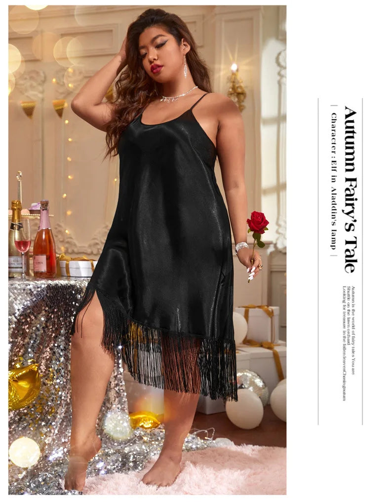 Plus Size 5XL Female Nightgown Sleepwear Sexy Black Tassels Spaghetti Strap Nightdress Nightwear Loose Silk Satin Home Dress - Seprincess