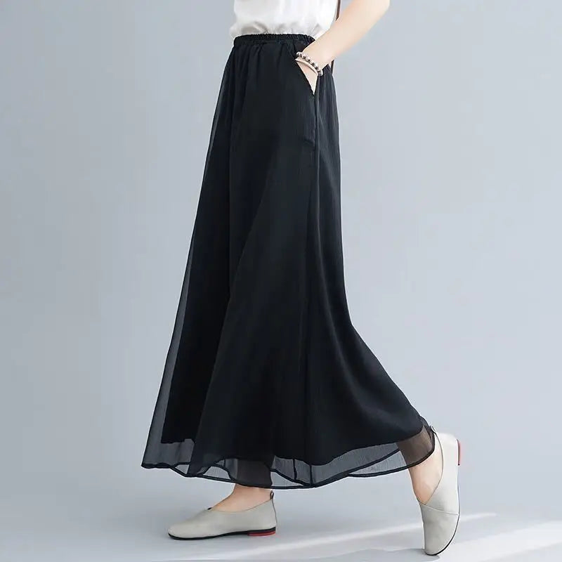 Women Chinese Classical Dance Clothing Female Elegant Trousers Practiice Clothes Modern Elastic Waist Ethnic Pants White Black - Seprincess