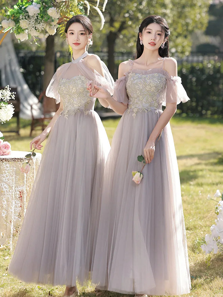 Temperament Grey Bridesmaid Dress Long Wedding Sisters Group Gown Elegant Applique Tulle Off Shoulder Banquet Party Vestido - Seprincess